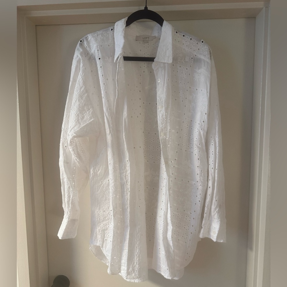 Loft Floral Eyelet White Button-Down Shirt